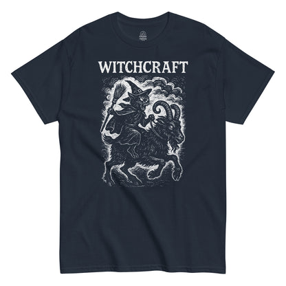 Retro occult parody T-shirt in navy with gothic style witchcraft cat riding goat artwork, Strange and Twisted Apparel