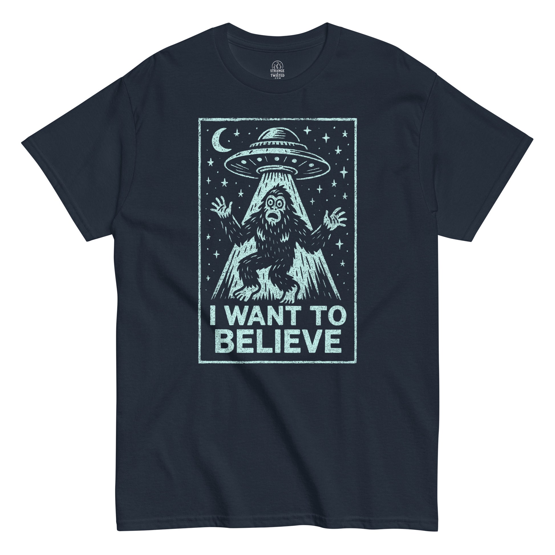 Cryptid UFO T-shirt in navy featuring Bigfoot under flying saucer with I Want To Believe text, retro alien parody design, By StrangeAndTwisted.Com