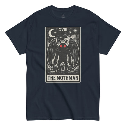 Retro occult T-shirt in navy with Mothman tarot card illustration, gothic cryptid parody style, Strange and Twisted Apparel