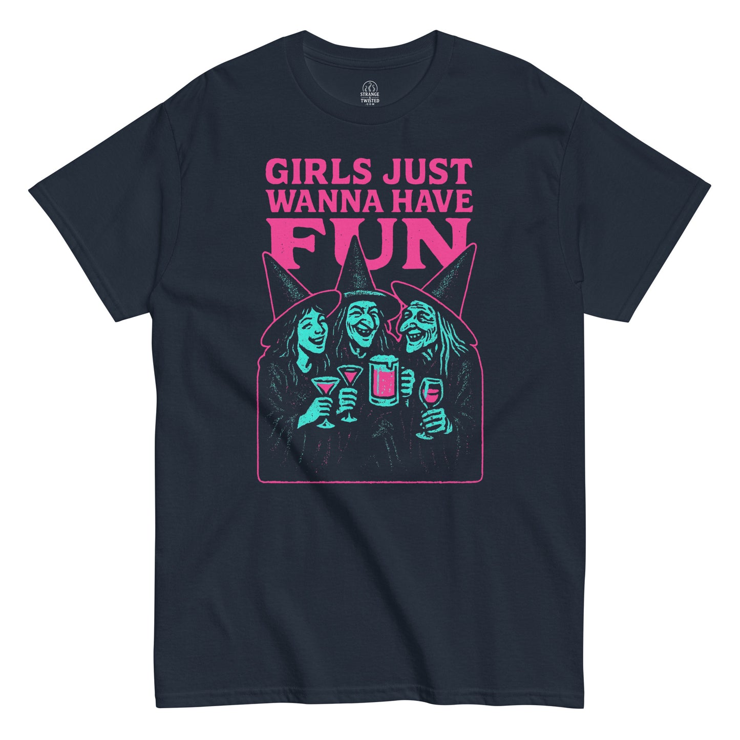 Retro neon witch party T-shirt in navy featuring Girls Just Wanna Have Fun witches design, By strangeandtwisted.com