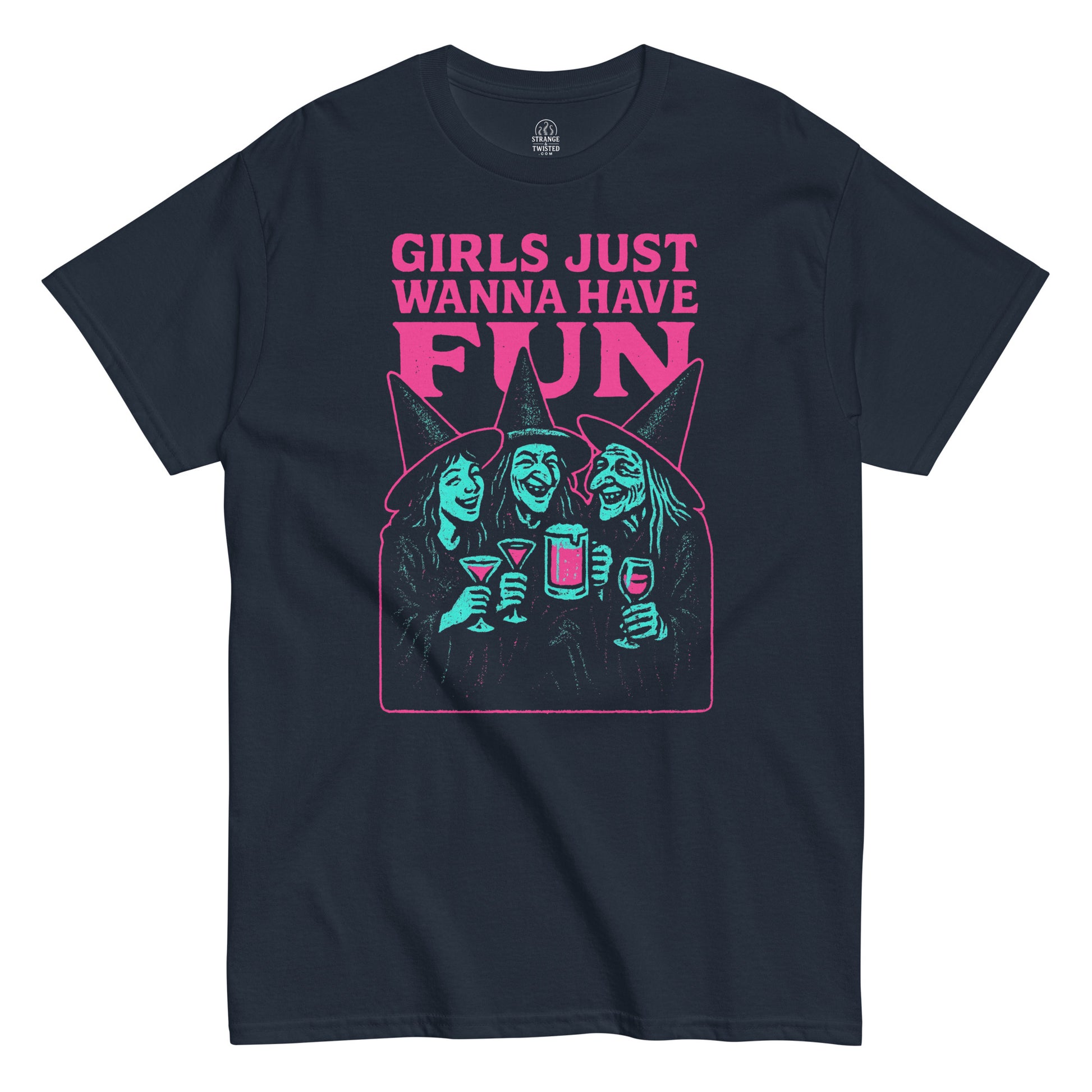 Retro neon witch party T-shirt in navy featuring Girls Just Wanna Have Fun witches design, By strangeandtwisted.com