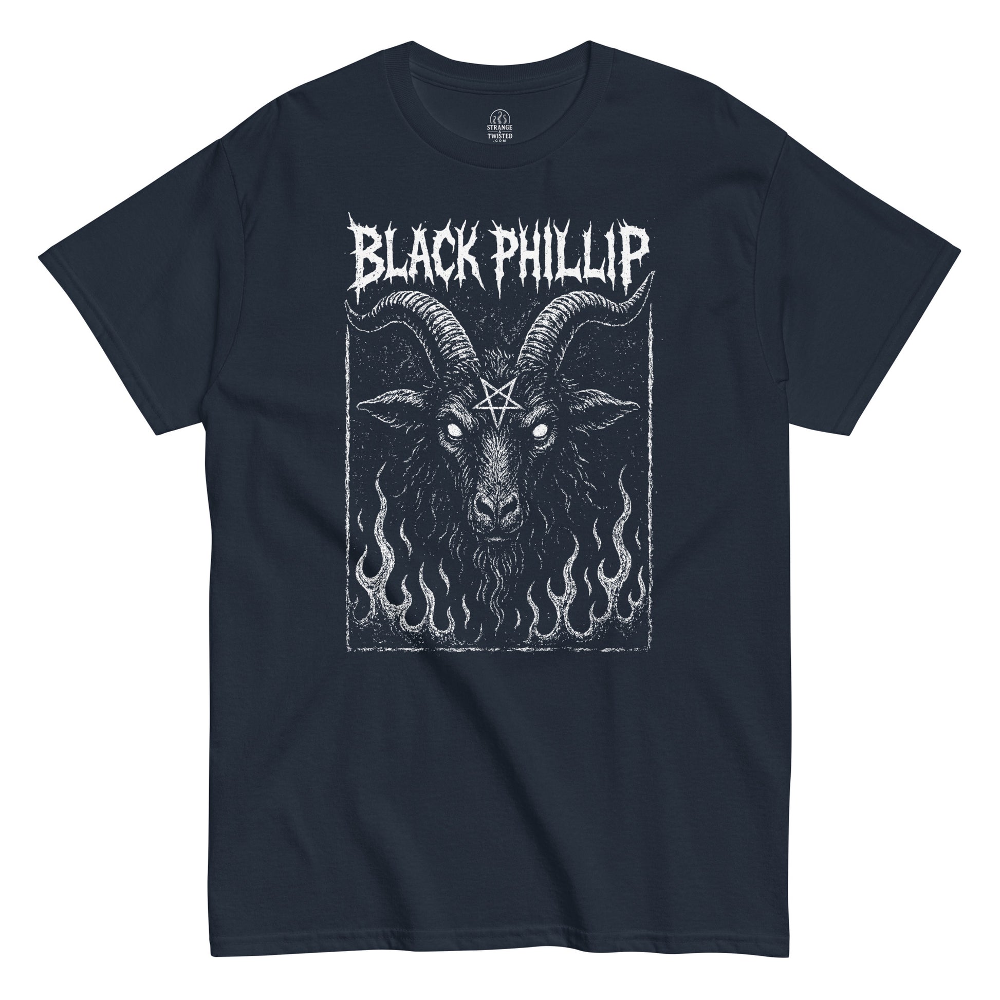 Retro occult T-shirt in navy with Black Phillip satanic goat design surrounded by flames, By strangeandtwisted.com