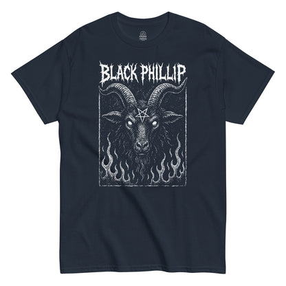 Retro occult T-shirt in navy with Black Phillip satanic goat design surrounded by flames, By strangeandtwisted.com