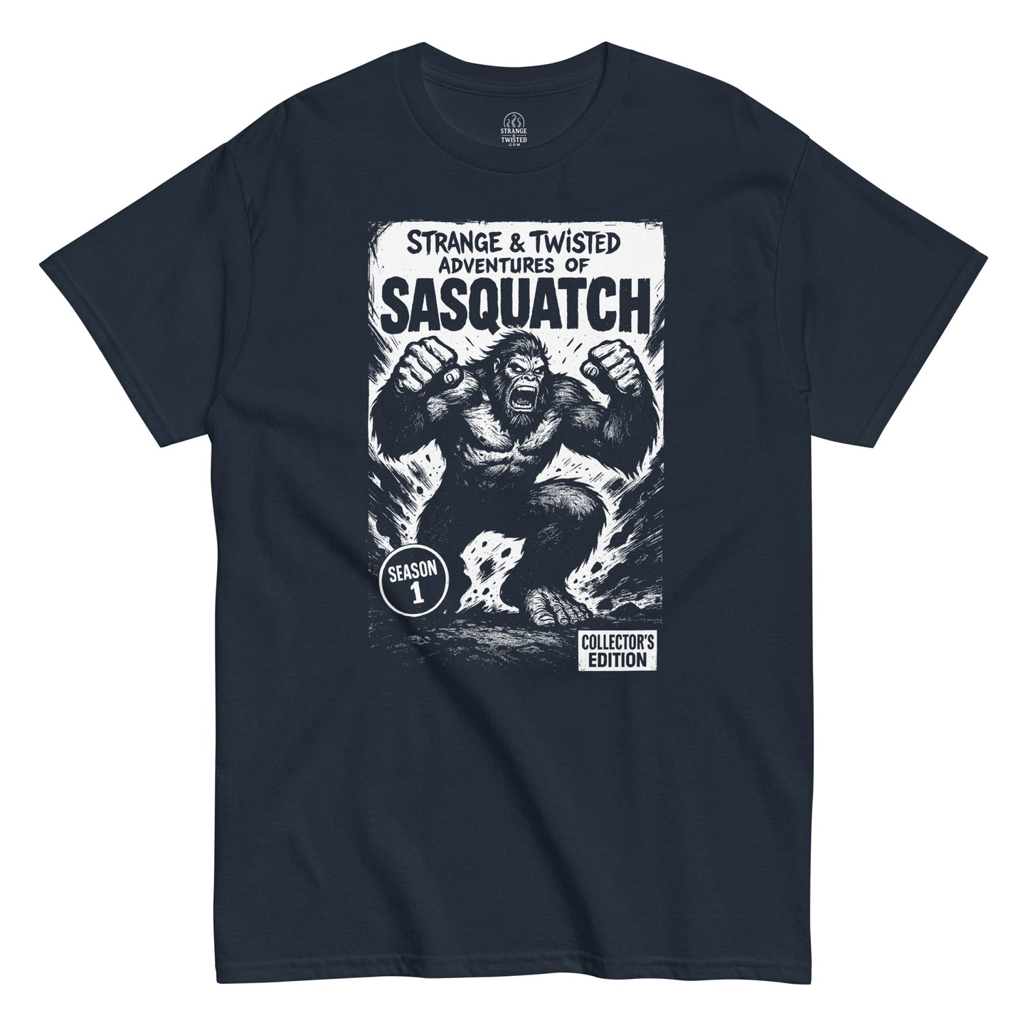 Funny cryptid T-shirt in navy, retro comic book parody of Sasquatch collector’s edition, Strange and Twisted Apparel