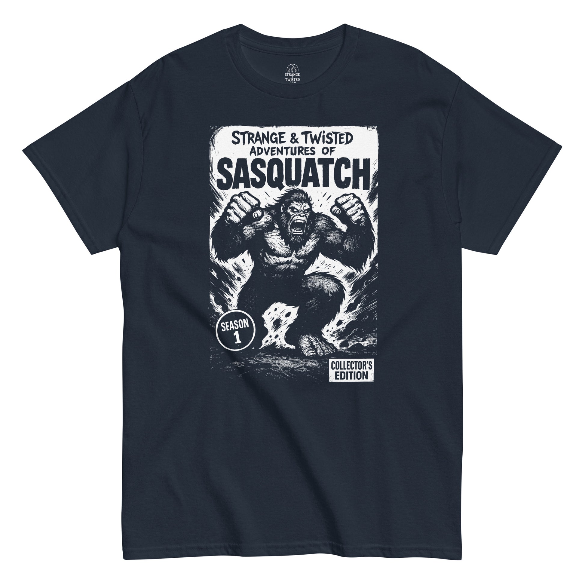 Funny cryptid T-shirt in navy, retro comic book parody of Sasquatch collector’s edition, Strange and Twisted Apparel
