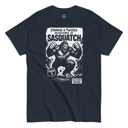 Funny cryptid T-shirt in navy, retro comic book parody of Sasquatch collector’s edition, Strange and Twisted Apparel