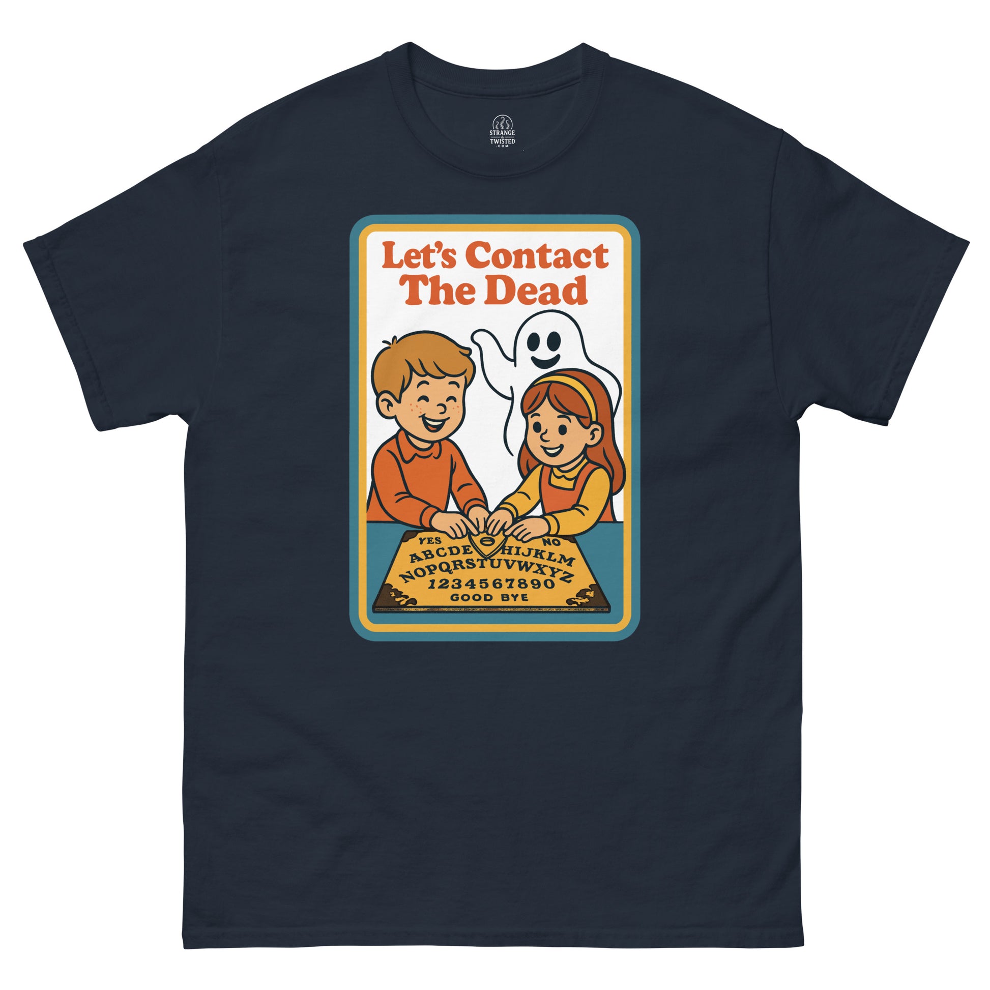 Funny vintage 70s parody T-shirt in navy, cartoon kids contacting the dead with ouija board design, by StrangeAndTwisted.Com