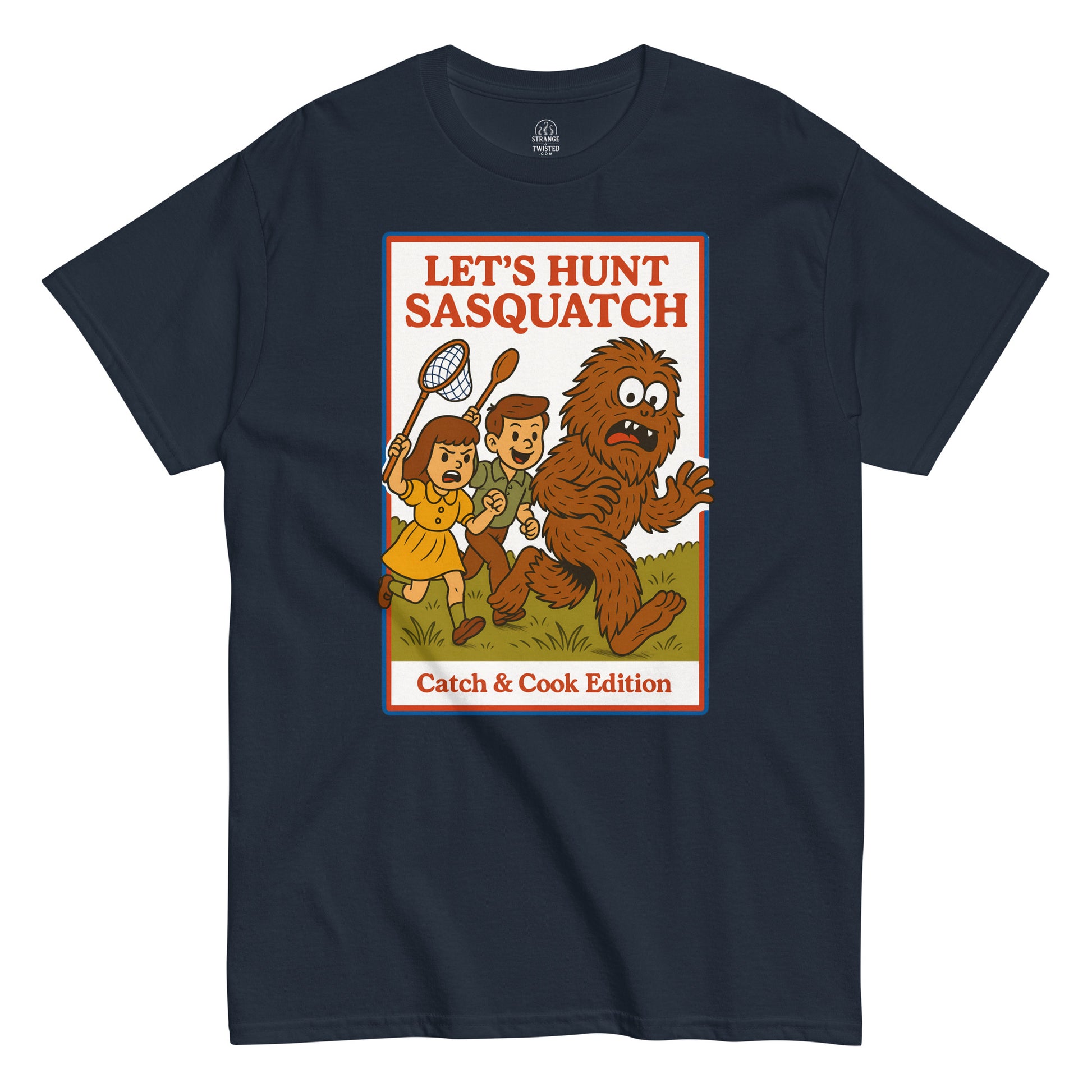 Navy Let’s Hunt Sasquatch Retro Parody T-Shirt front view, funny Bigfoot cartoon parody design, By strangeandtwisted.com