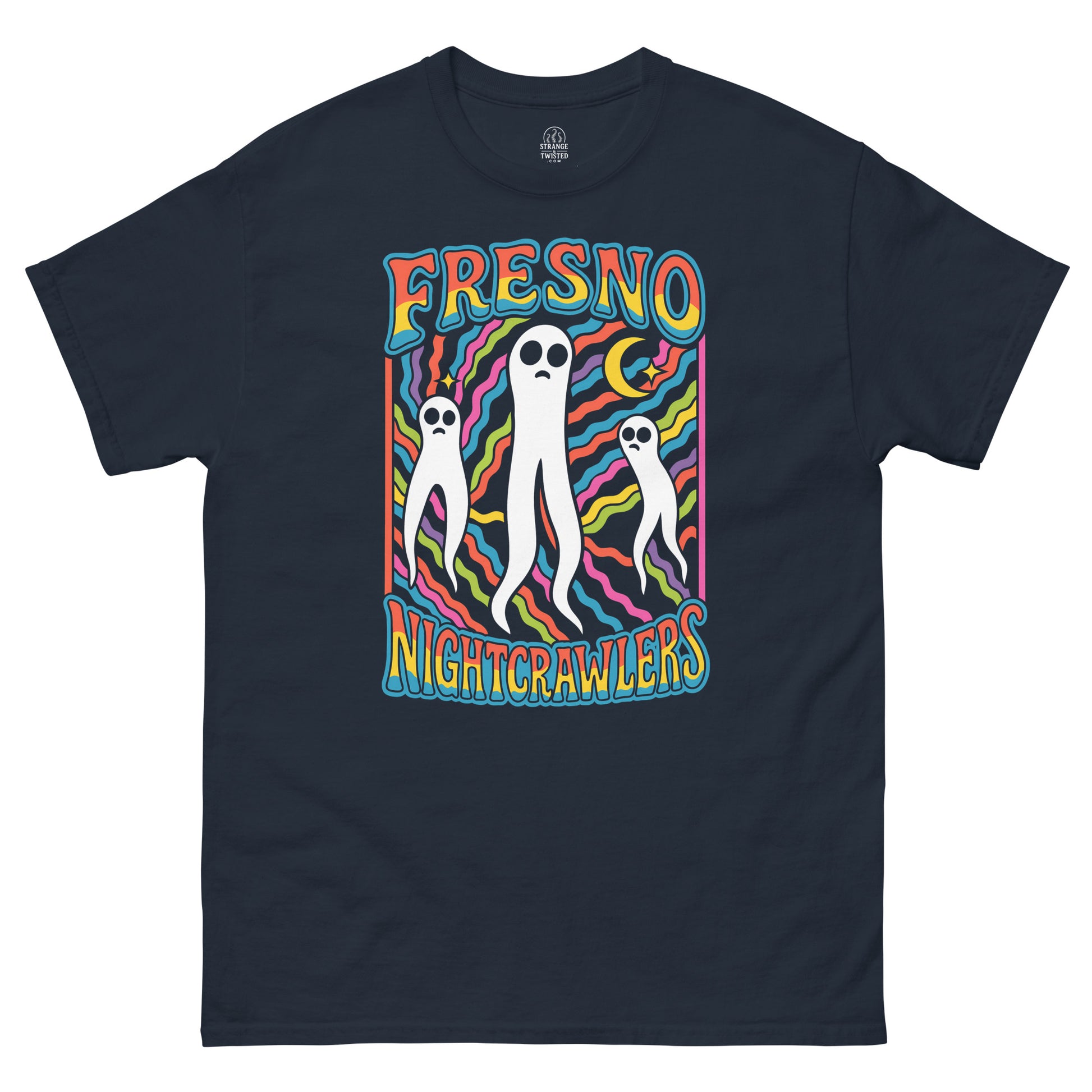 Navy Fresno Nightcrawlers Cryptid T-Shirt front view, colorful horror urban legend design, By strangeandtwisted.com