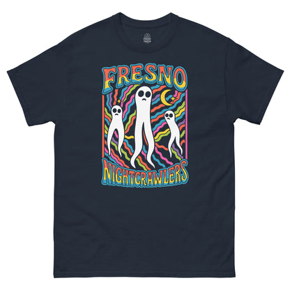 Navy Fresno Nightcrawlers Cryptid T-Shirt front view, colorful horror urban legend design, By strangeandtwisted.com
