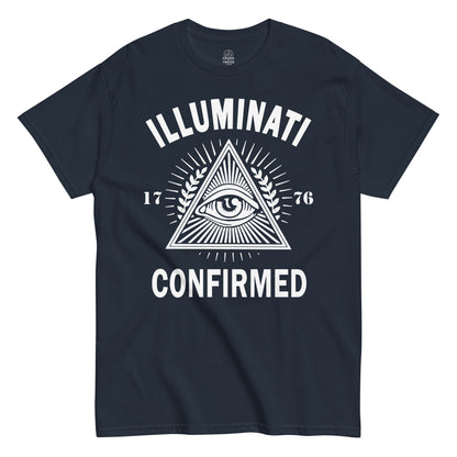 Navy Illuminati Confirmed T-Shirt front view, pyramid eye conspiracy humor design, By strangeandtwisted.com