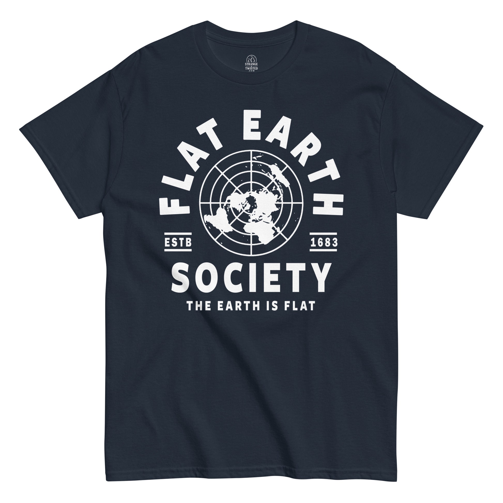 Navy Flat Earth Society T-Shirt front view, parody conspiracy humor design with bold map graphic, By strangeandtwisted.com