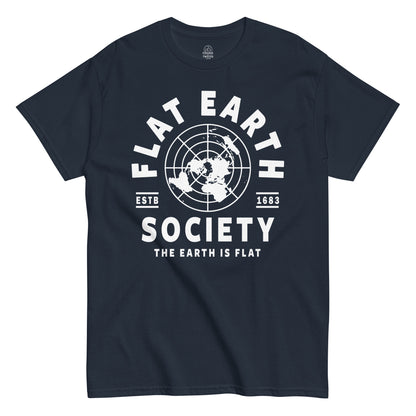 Navy Flat Earth Society T-Shirt front view, parody conspiracy humor design with bold map graphic, By strangeandtwisted.com