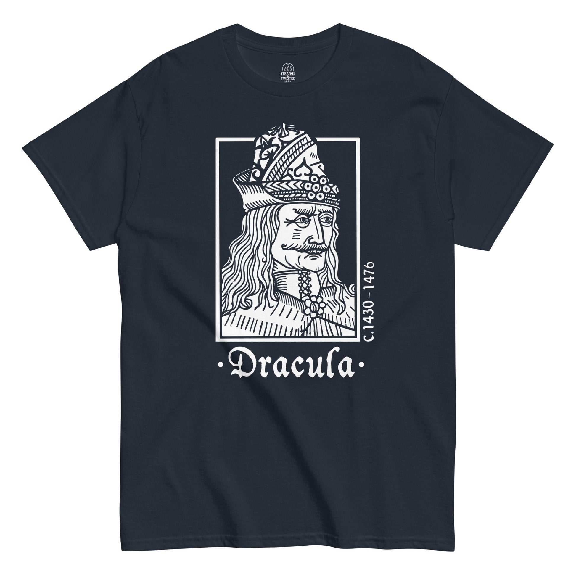 Navy Dracula Vlad the Impaler T-Shirt front view, gothic vampire legend design, By strangeandtwisted.com