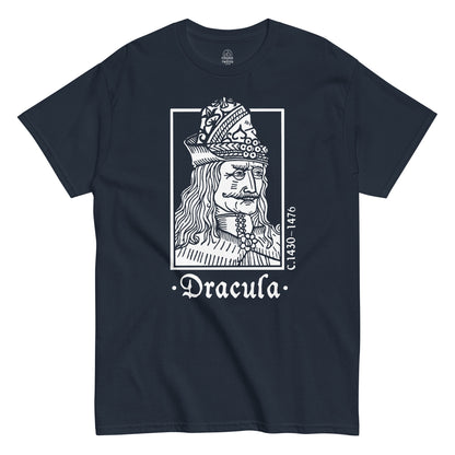 Navy Dracula Vlad the Impaler T-Shirt front view, gothic vampire legend design, By strangeandtwisted.com