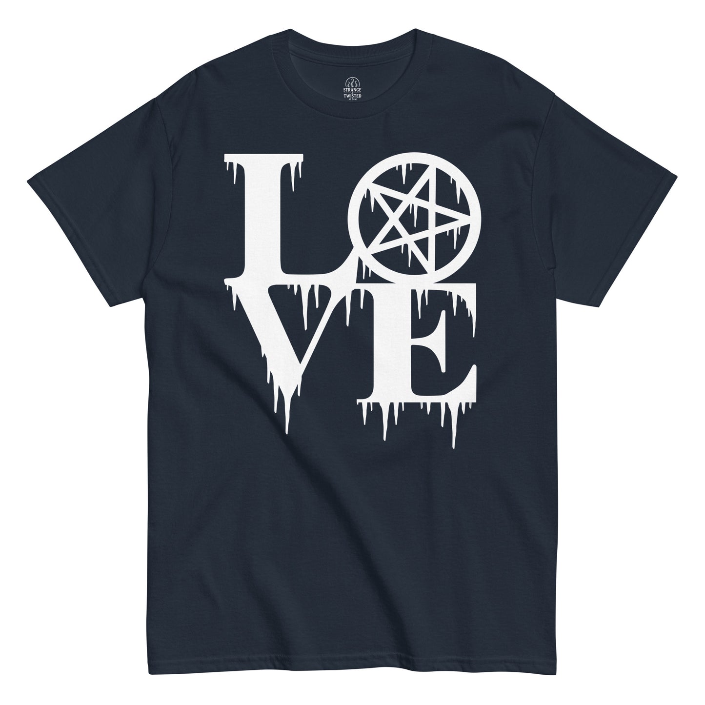 Navy LOVE Pentagram T-Shirt front view, gothic witchy dripping letters occult design, By strangeandtwisted.com