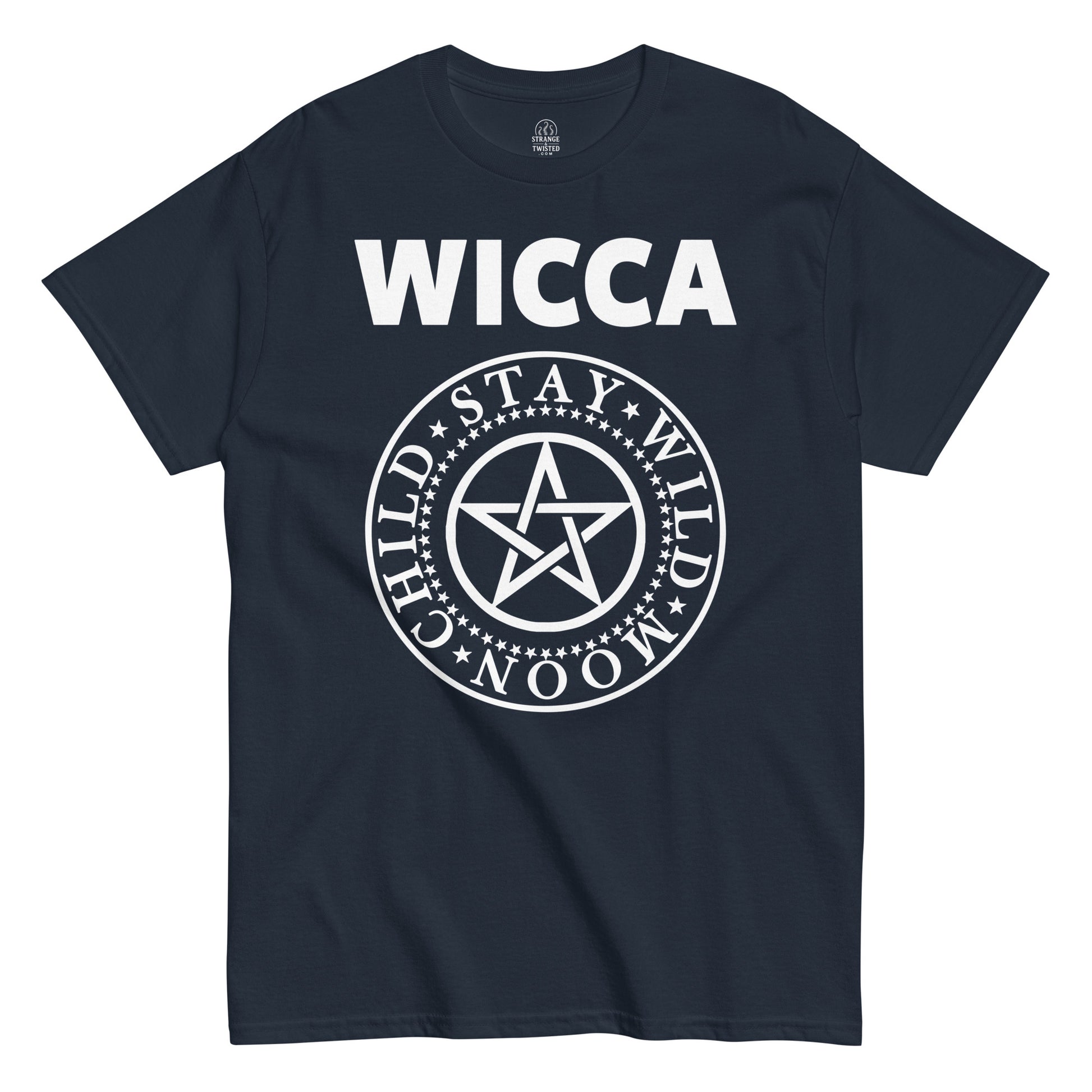 Navy Wicca Stay Wild Moon Child T-Shirt front view, pentagram witchy design with gothic font, By strangeandtwisted.com
