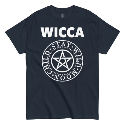 Navy Wicca Stay Wild Moon Child T-Shirt front view, pentagram witchy design with gothic font, By strangeandtwisted.com