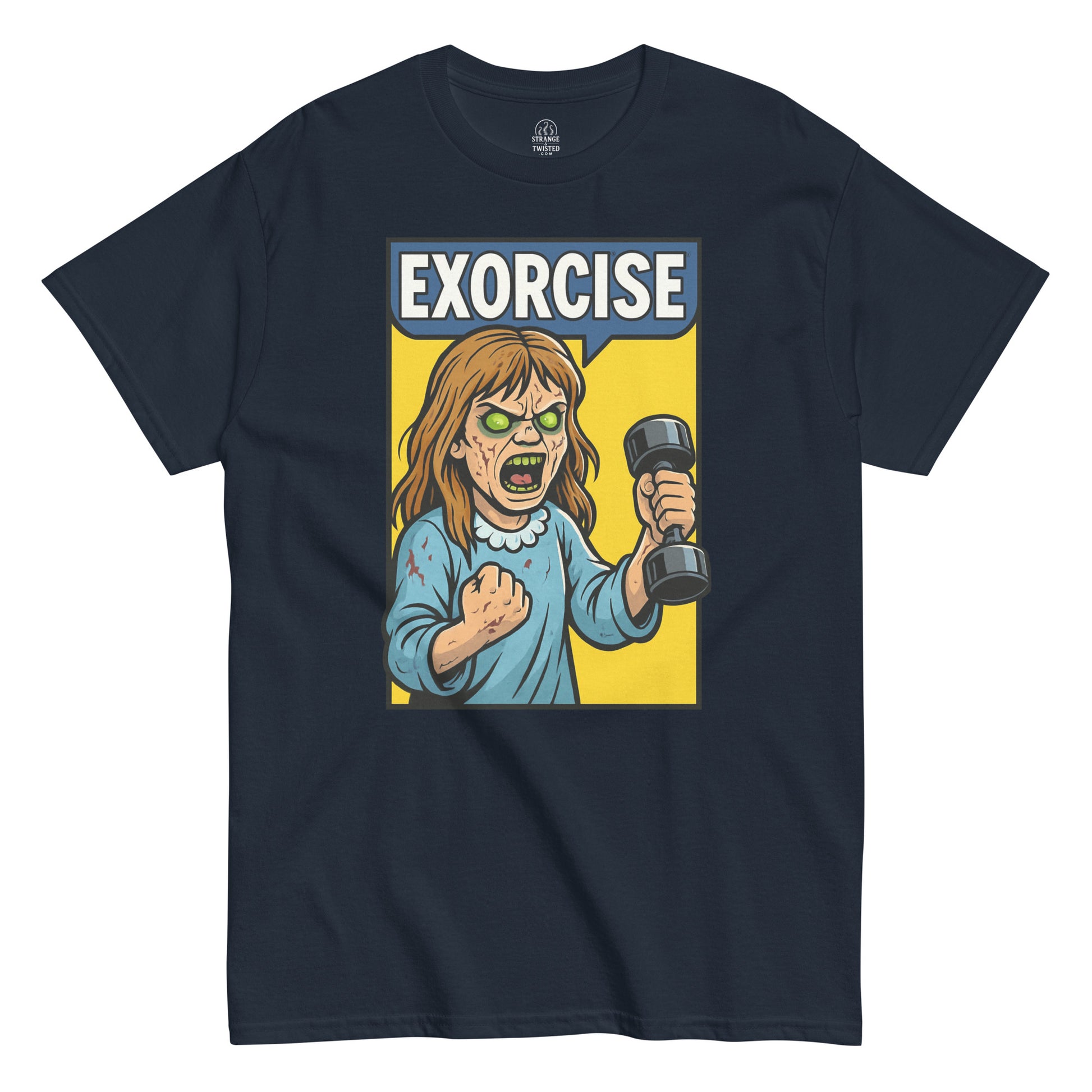 Navy Exorcise Possessed Girl T-Shirt front view, funny horror parody gym design, By strangeandtwisted.com