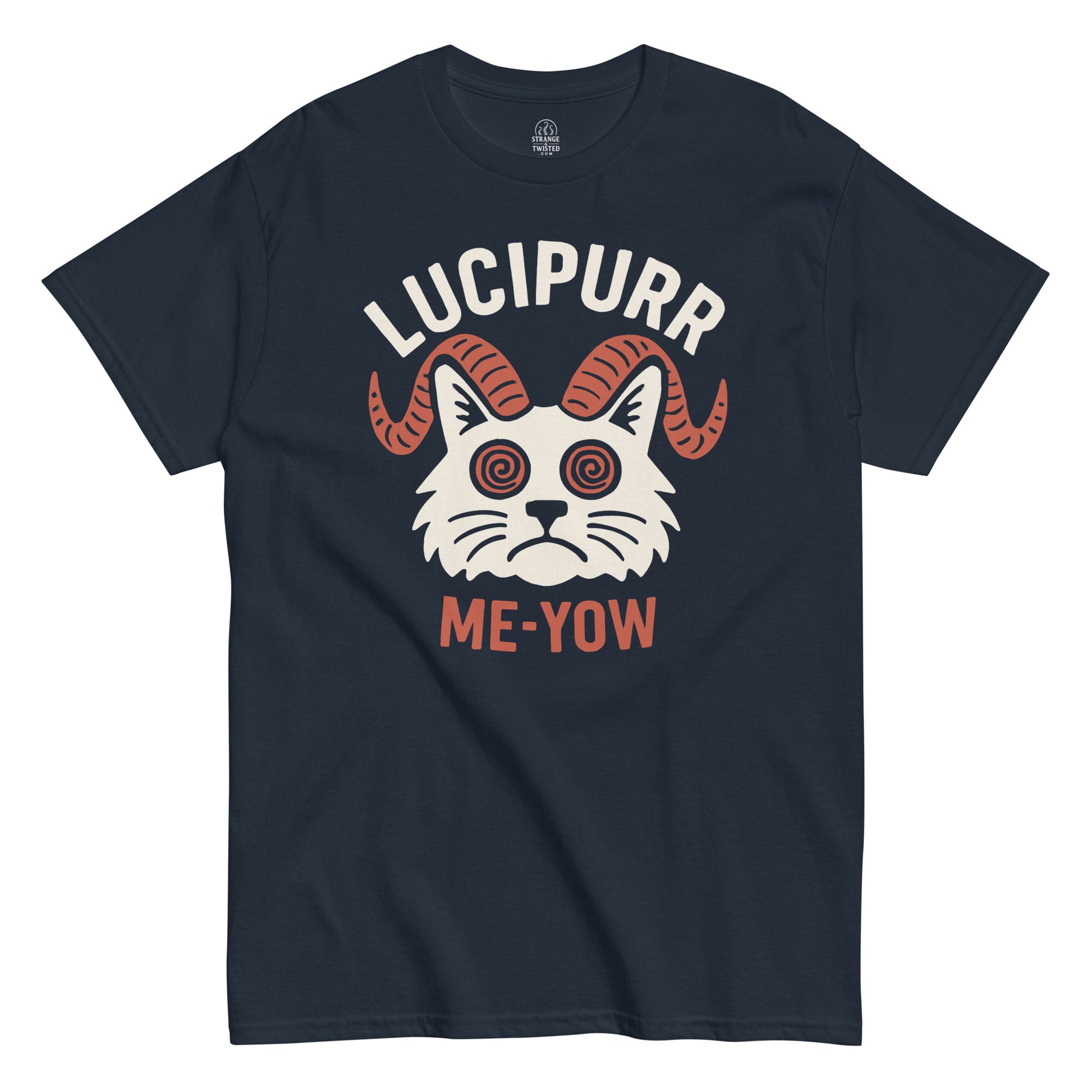 Navy Lucipurr Me-Yow T-Shirt front view, funny occult cat parody gothic design, By strangeandtwisted.com
