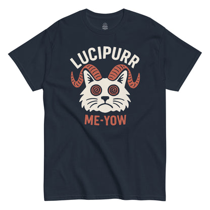 Navy Lucipurr Me-Yow T-Shirt front view, funny occult cat parody gothic design, By strangeandtwisted.com