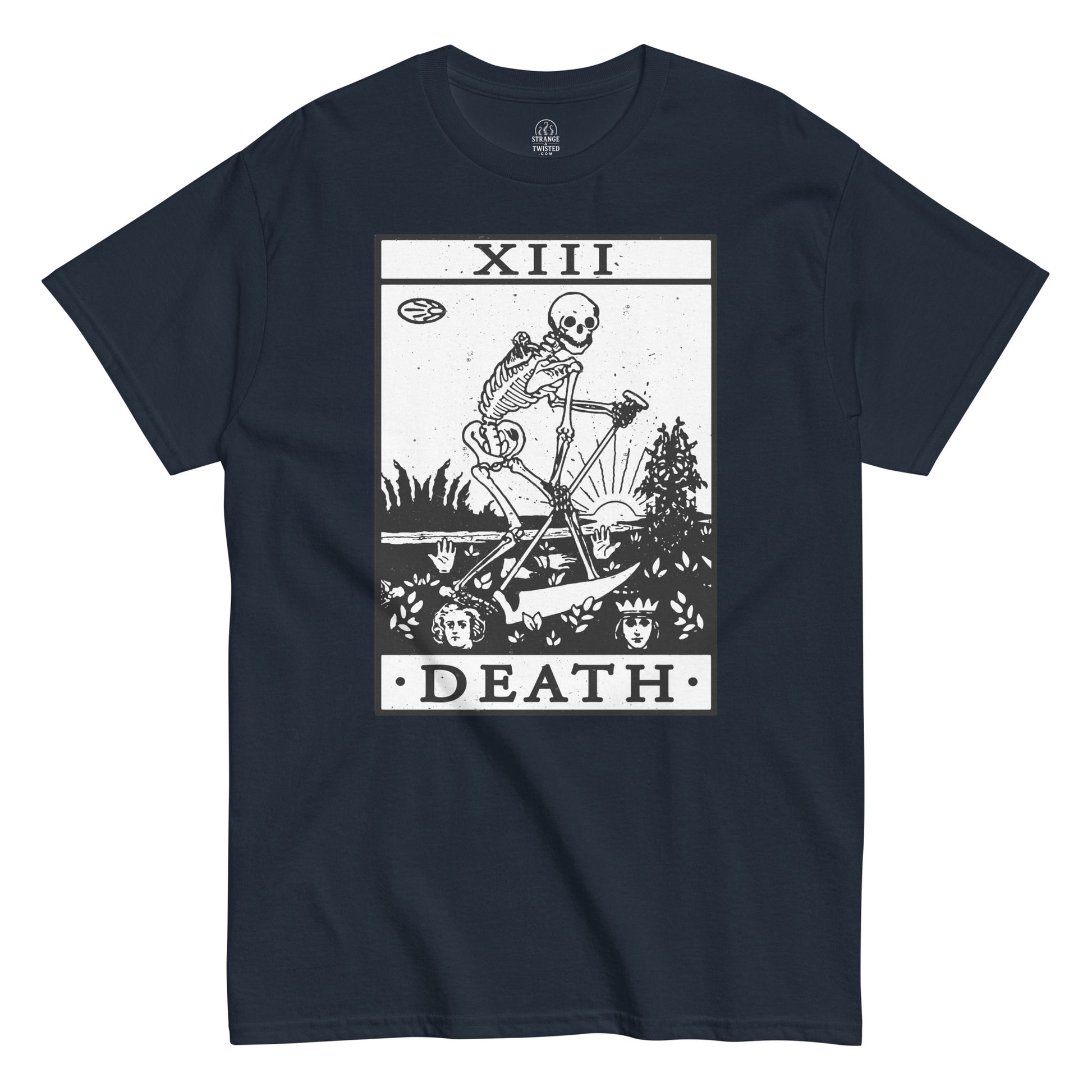 Navy Death Tarot Card T-Shirt front view, gothic occult skeleton symbolism design, By strangeandtwisted.com