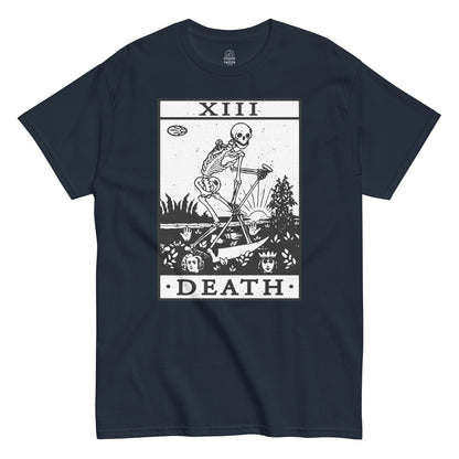 Navy Death Tarot Card T-Shirt front view, gothic occult skeleton symbolism design, By strangeandtwisted.com