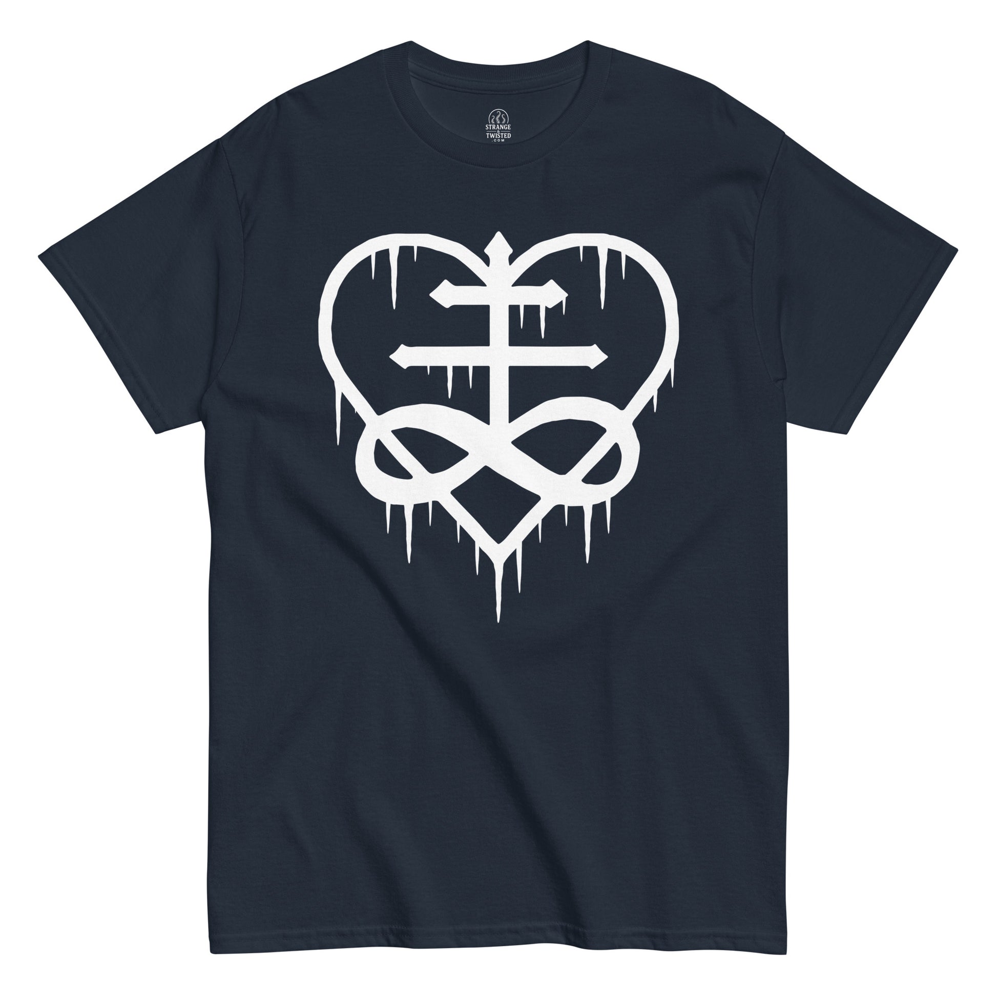 Navy Leviathan Cross Love Heart T-Shirt front view, gothic occult symbol design, By strangeandtwisted.com