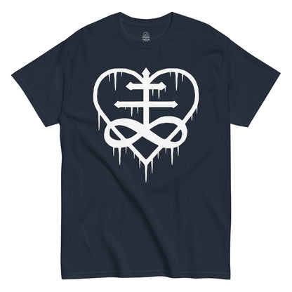Navy Leviathan Cross Love Heart T-Shirt front view, gothic occult symbol design, By strangeandtwisted.com