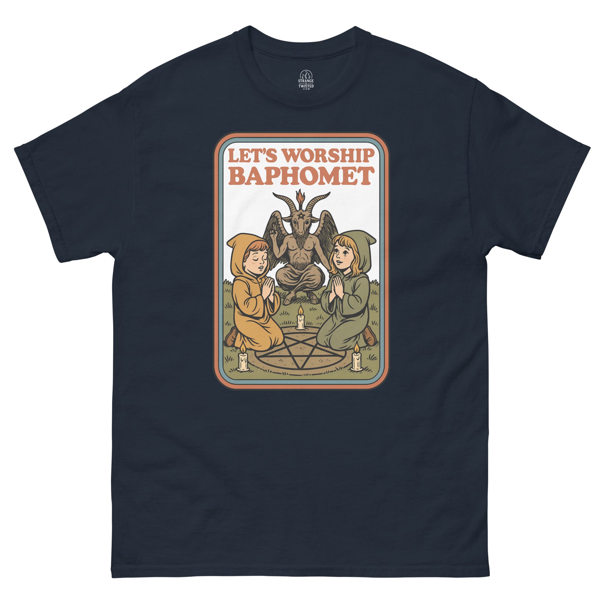 Navy Let’s Worship Baphomet T-Shirt front view, retro occult parody design with gothic artwork, By strangeandtwisted.com