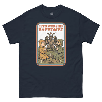 Navy Let’s Worship Baphomet T-Shirt front view, retro occult parody design with gothic artwork, By strangeandtwisted.com