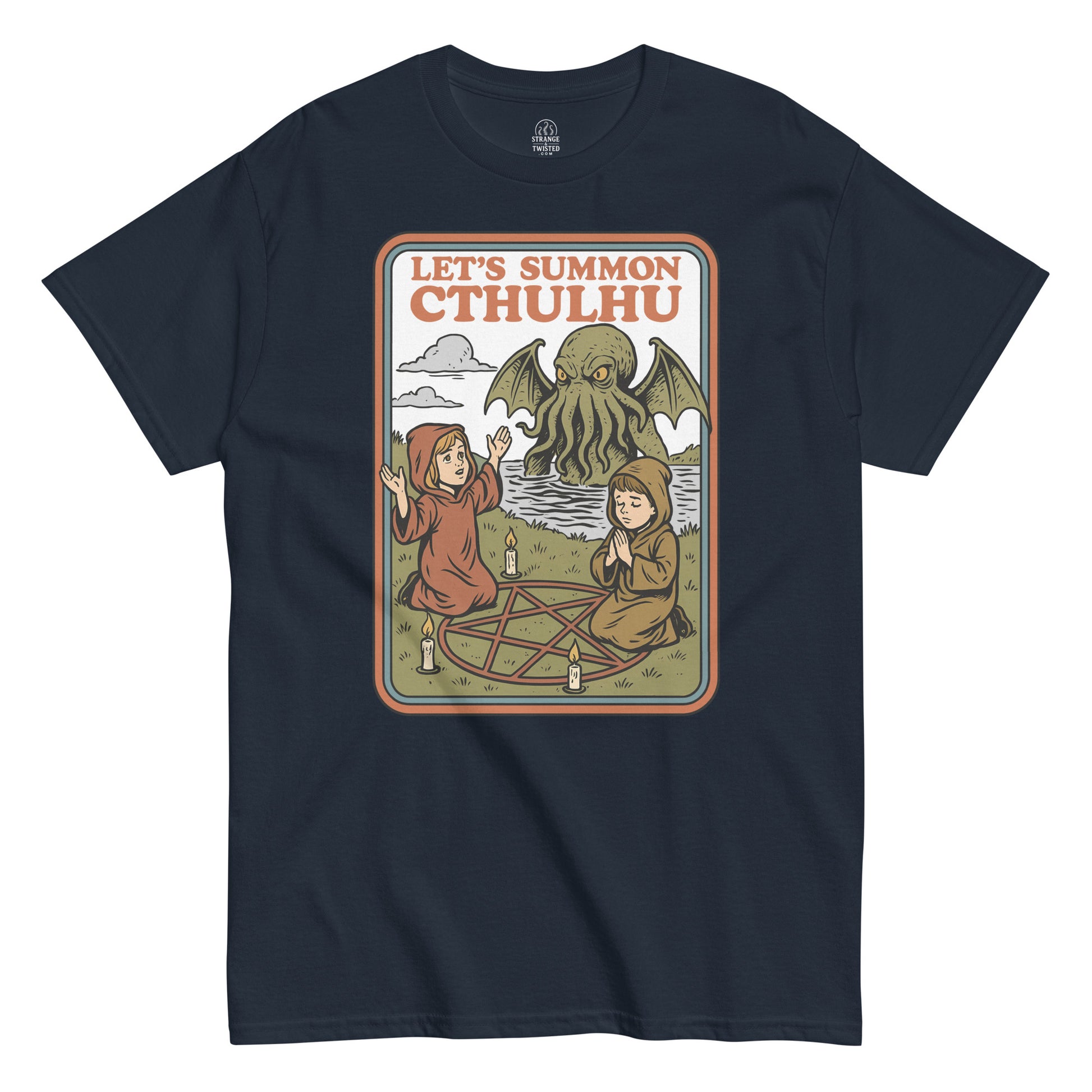 Navy Let’s Summon Cthulhu T-Shirt front view, retro Lovecraft parody design with gothic occult artwork, By strangeandtwisted.com