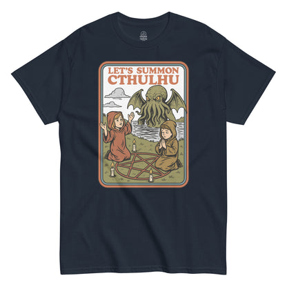 Navy Let’s Summon Cthulhu T-Shirt front view, retro Lovecraft parody design with gothic occult artwork, By strangeandtwisted.com