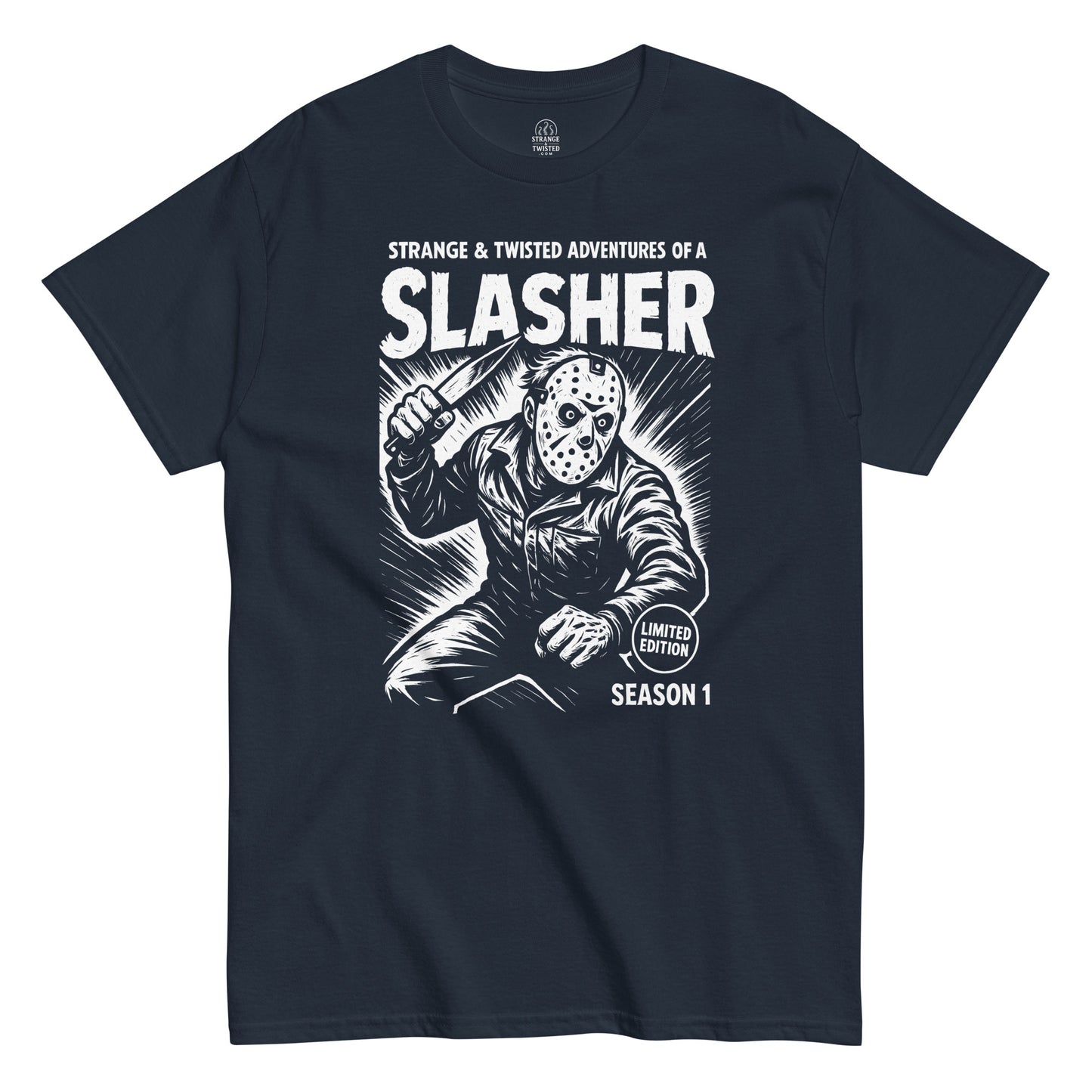 Strange And Twisted navy T-shirt showing horror parody comic scene with masked slasher