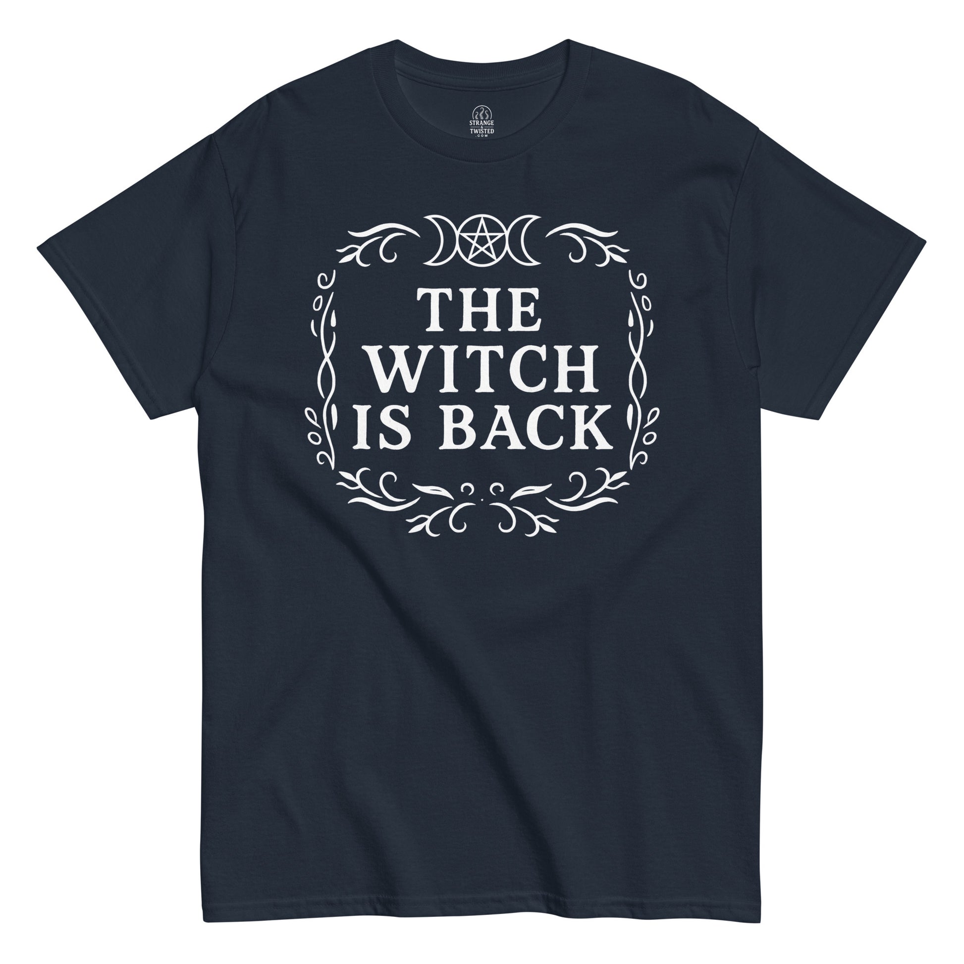 Strange And Twisted navy T-shirt showing The Witch Is Back occult design with pentagram and mystical border pattern