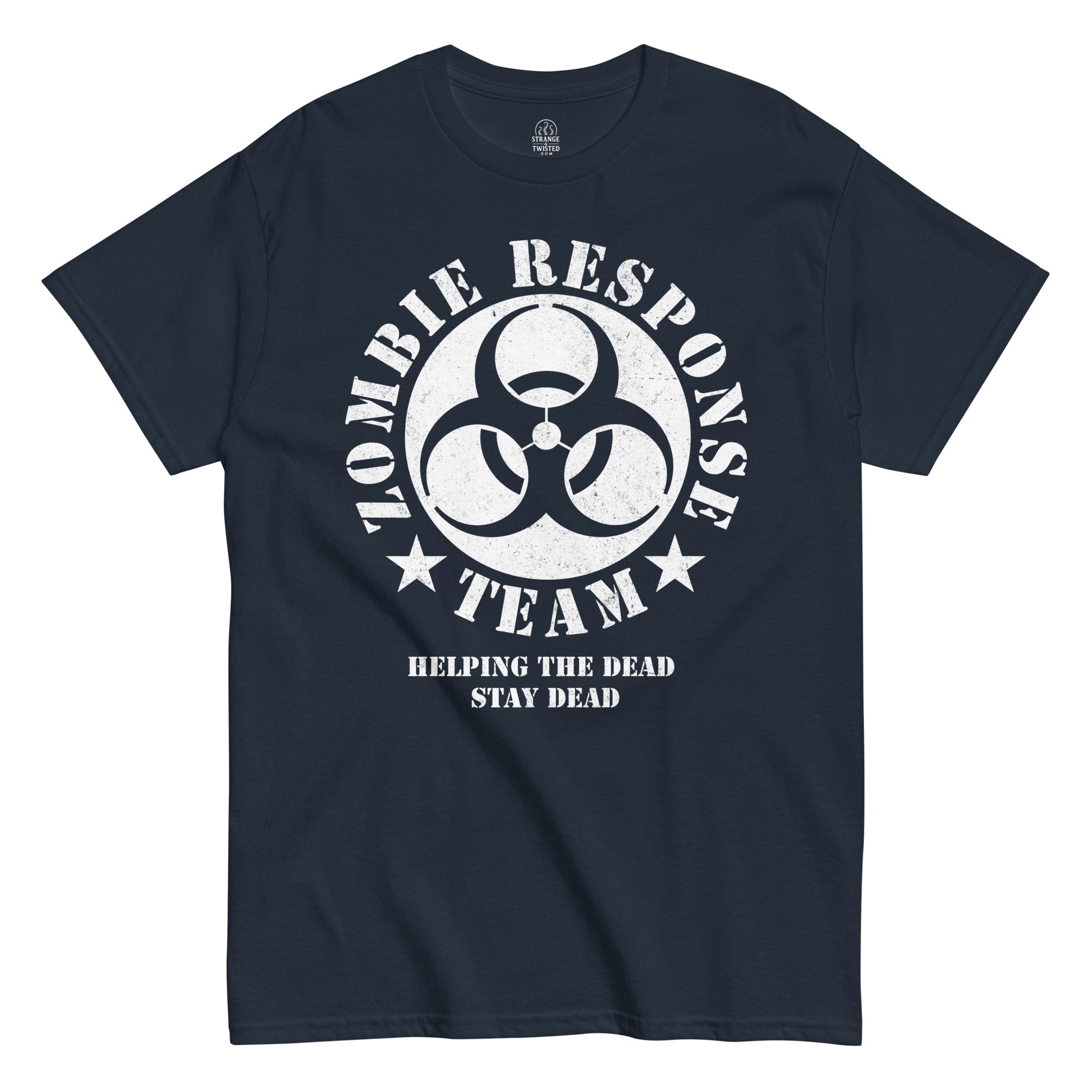 Strange And Twisted navy T-shirt featuring Zombie Response Team design with biohazard symbol and horror slogan