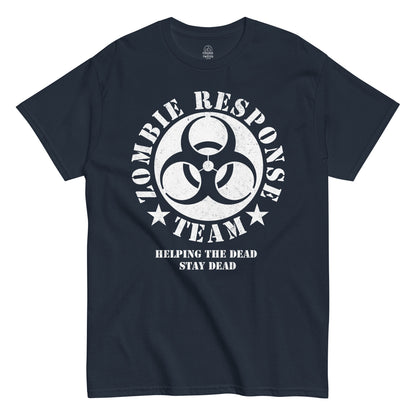 Strange And Twisted navy T-shirt featuring Zombie Response Team design with biohazard symbol and horror slogan