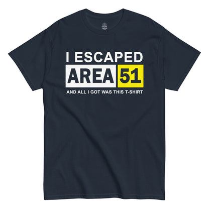 Strange And Twisted navy T-shirt featuring I Escaped Area 51 alien parody design with block text