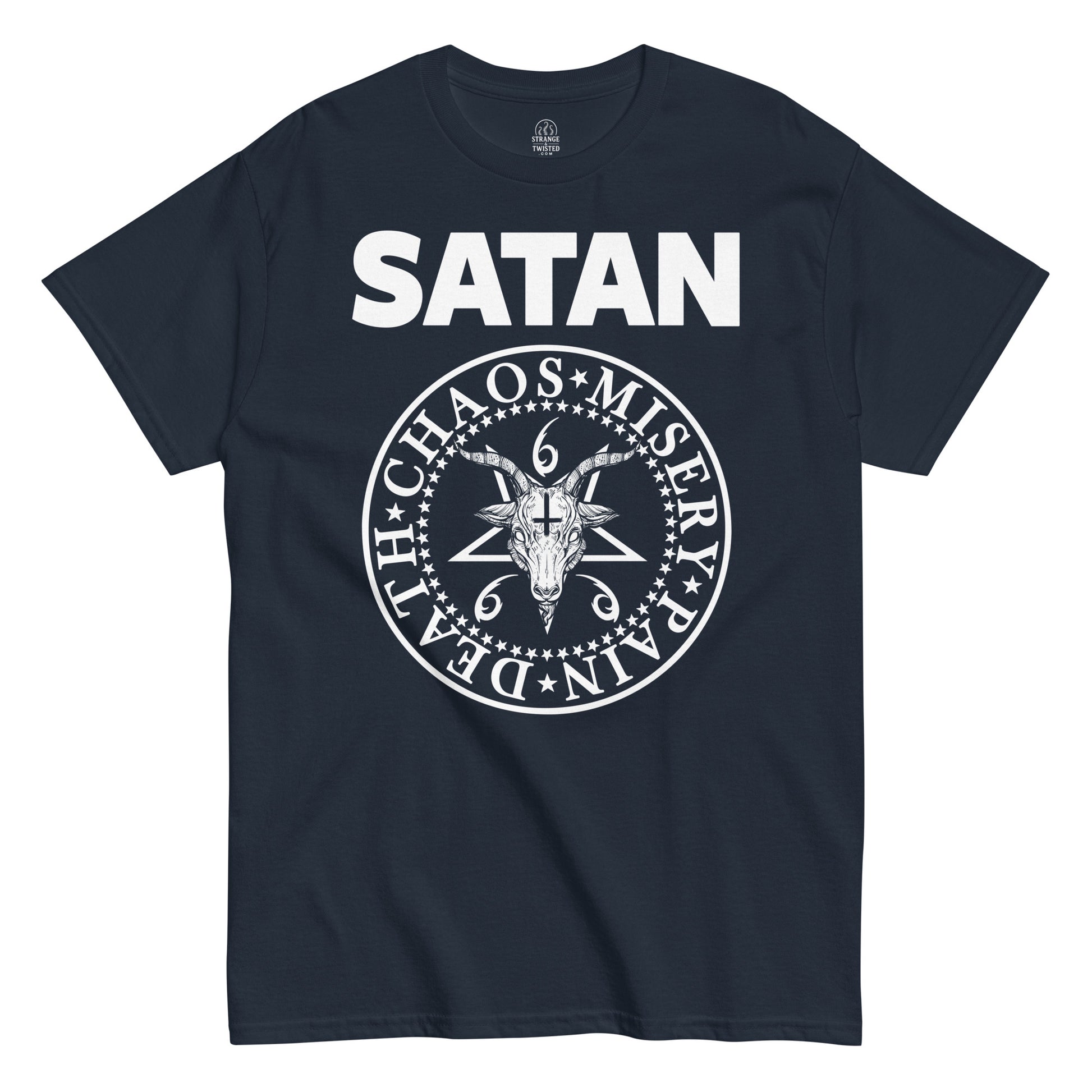 Strange And Twisted navy T-shirt featuring gothic parody artwork of Baphomet over occult pentagram