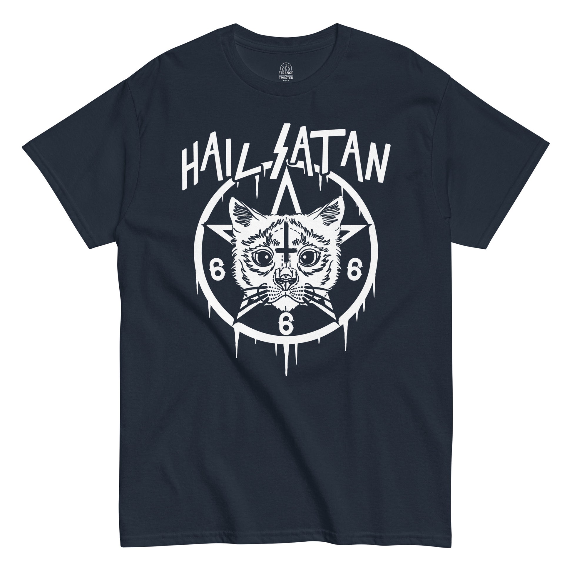 Strange And Twisted navy T-shirt with Hail Satan Cat parody artwork showing occult pentagram and gothic cat graphic