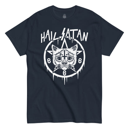 Strange And Twisted navy T-shirt with Hail Satan Cat parody artwork showing occult pentagram and gothic cat graphic