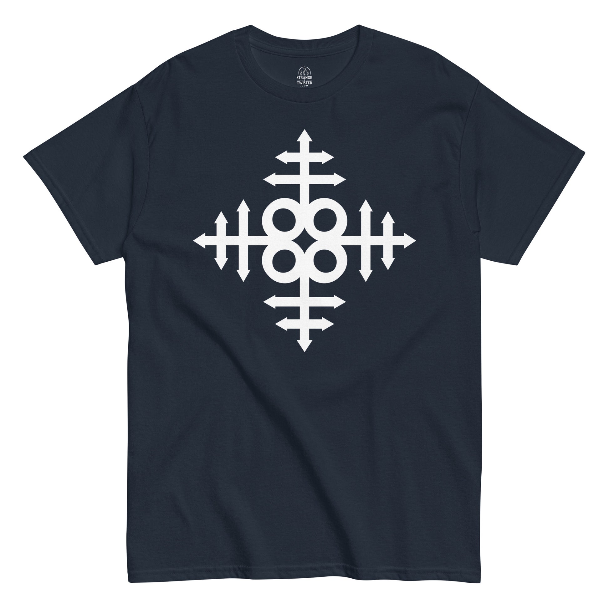Strange And Twisted navy T-shirt with Leviathan Cross gothic symbol design showing infinity loop and double cross