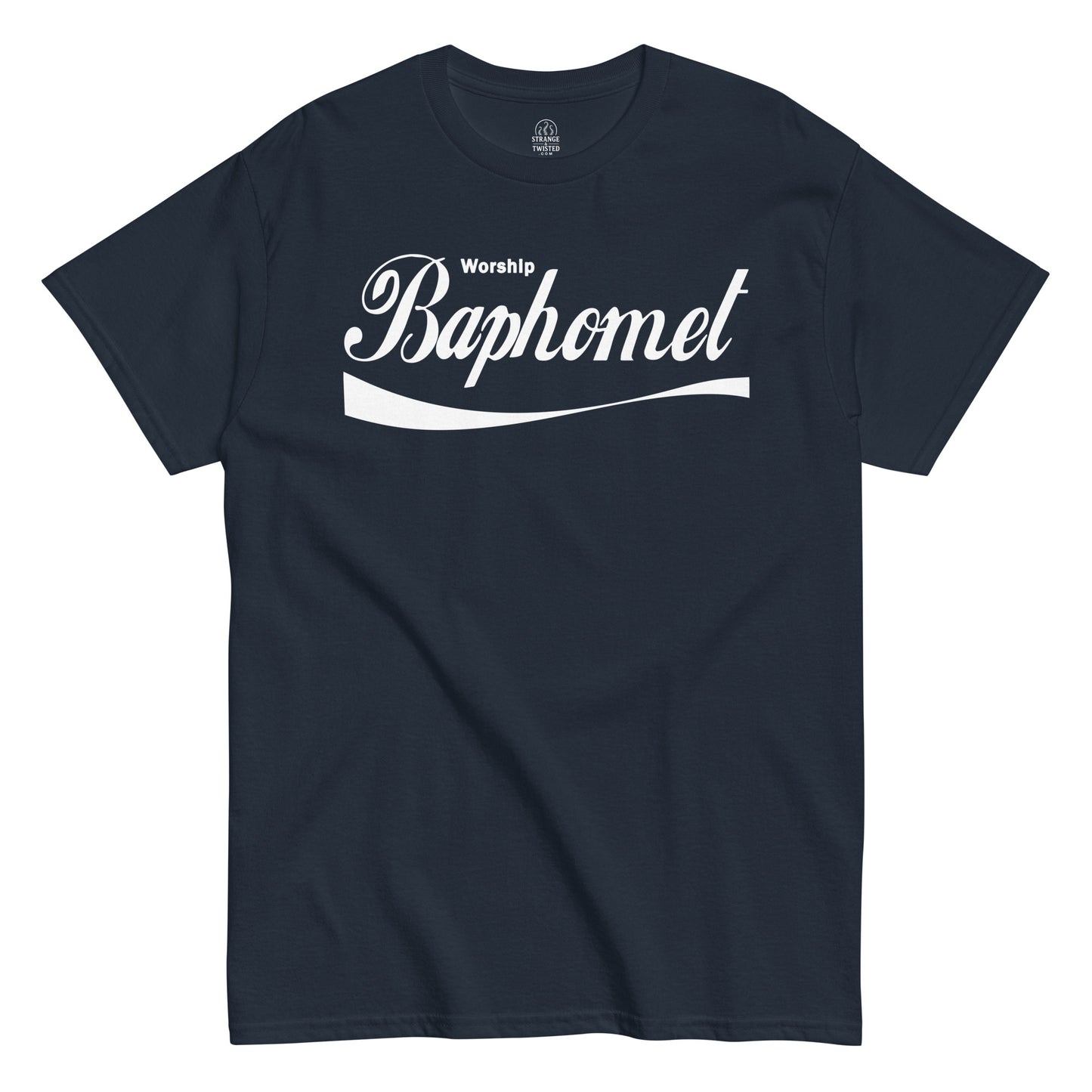 Strange & Twisted navy T-shirt with gothic parody Worship Baphomet logo in script font with occult theme