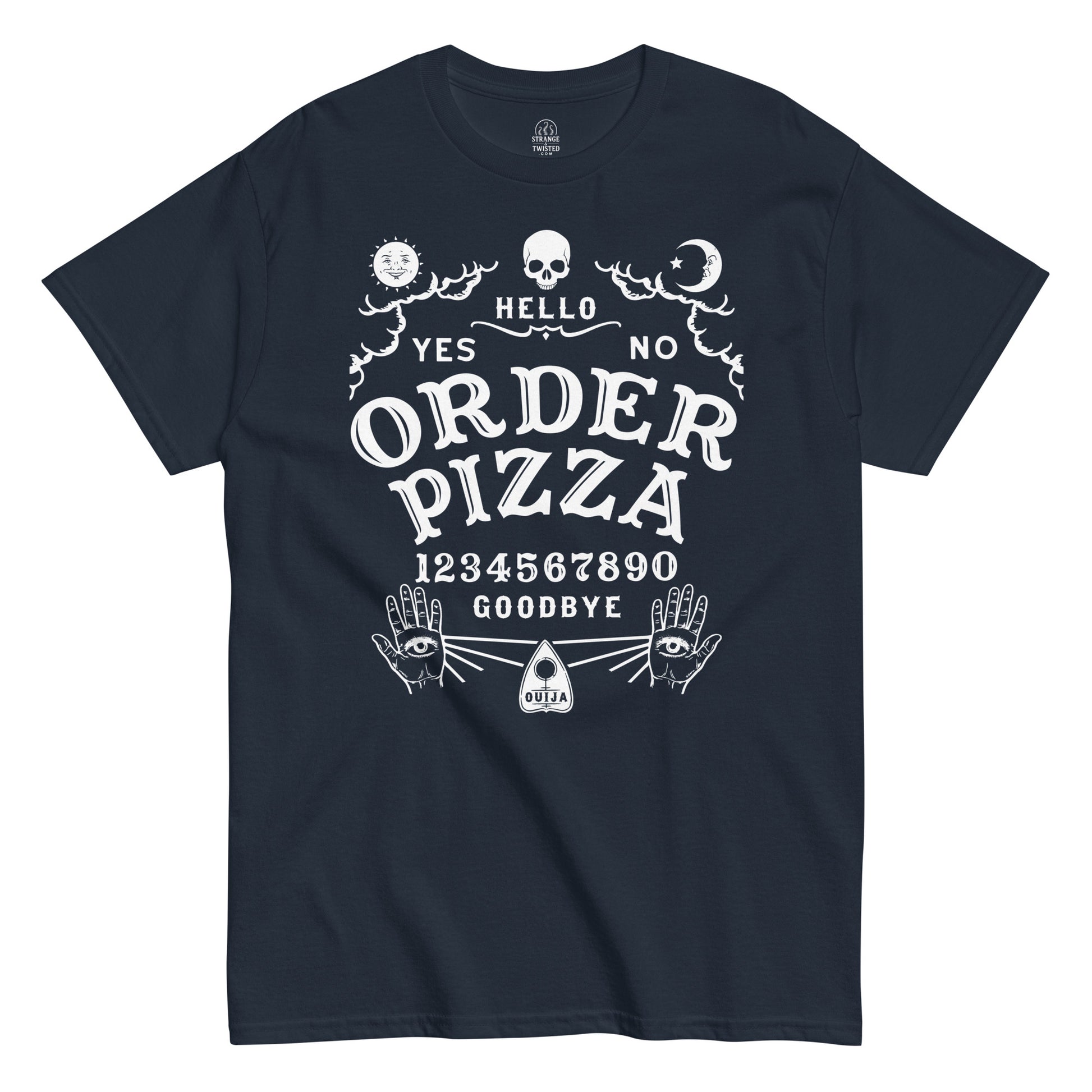 Strange And Twisted navy T-shirt with funny Ouija parody design reading Order Pizza in gothic spirit board style