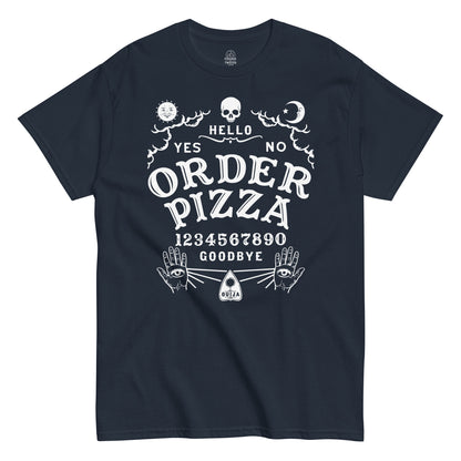 Strange And Twisted navy T-shirt with funny Ouija parody design reading Order Pizza in gothic spirit board style