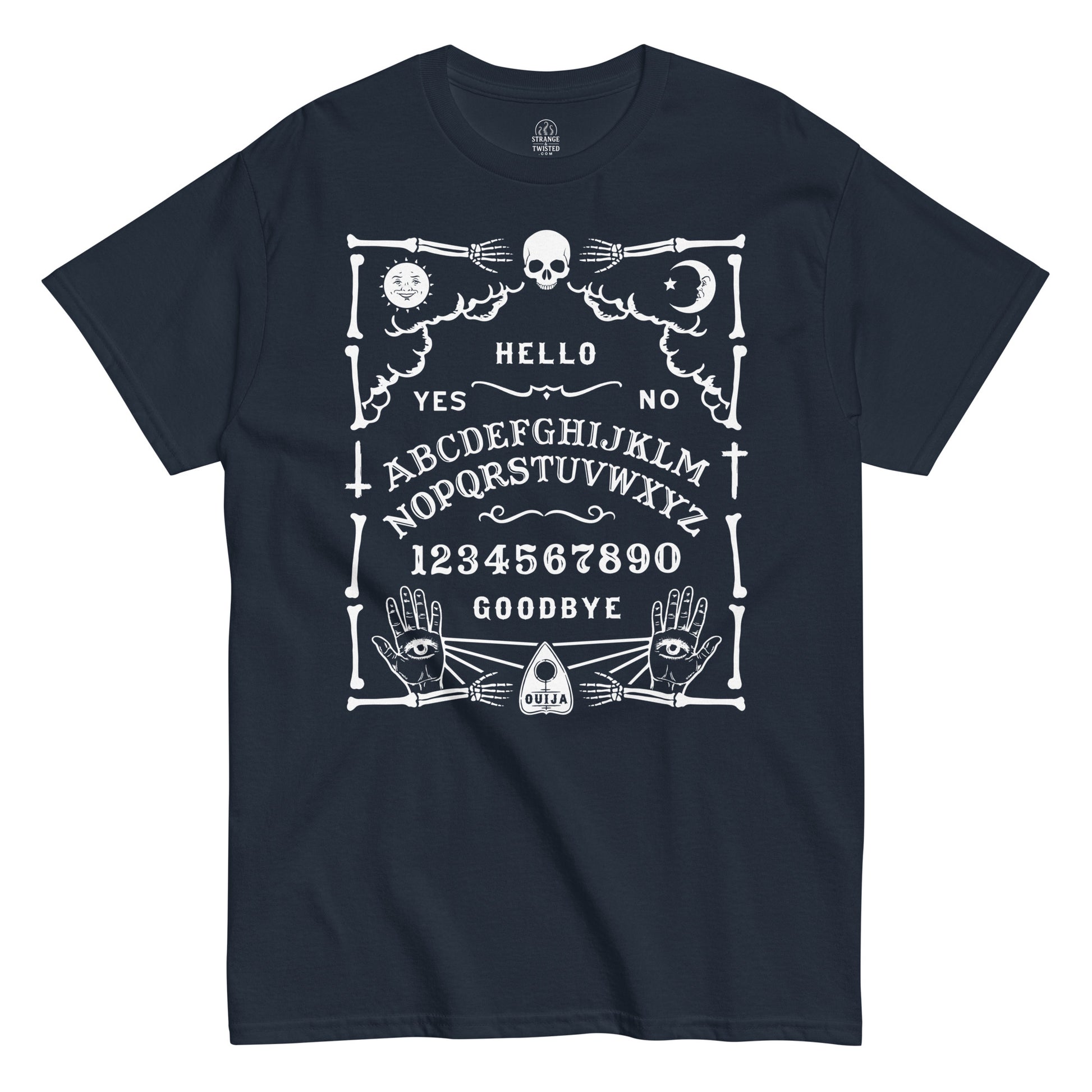 Strange And Twisted navy T-shirt with Ouija spirit board parody design including skeleton hands and gothic details
