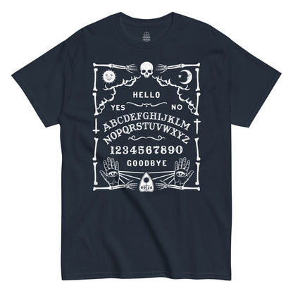 Strange And Twisted navy T-shirt with Ouija spirit board parody design including skeleton hands and gothic details
