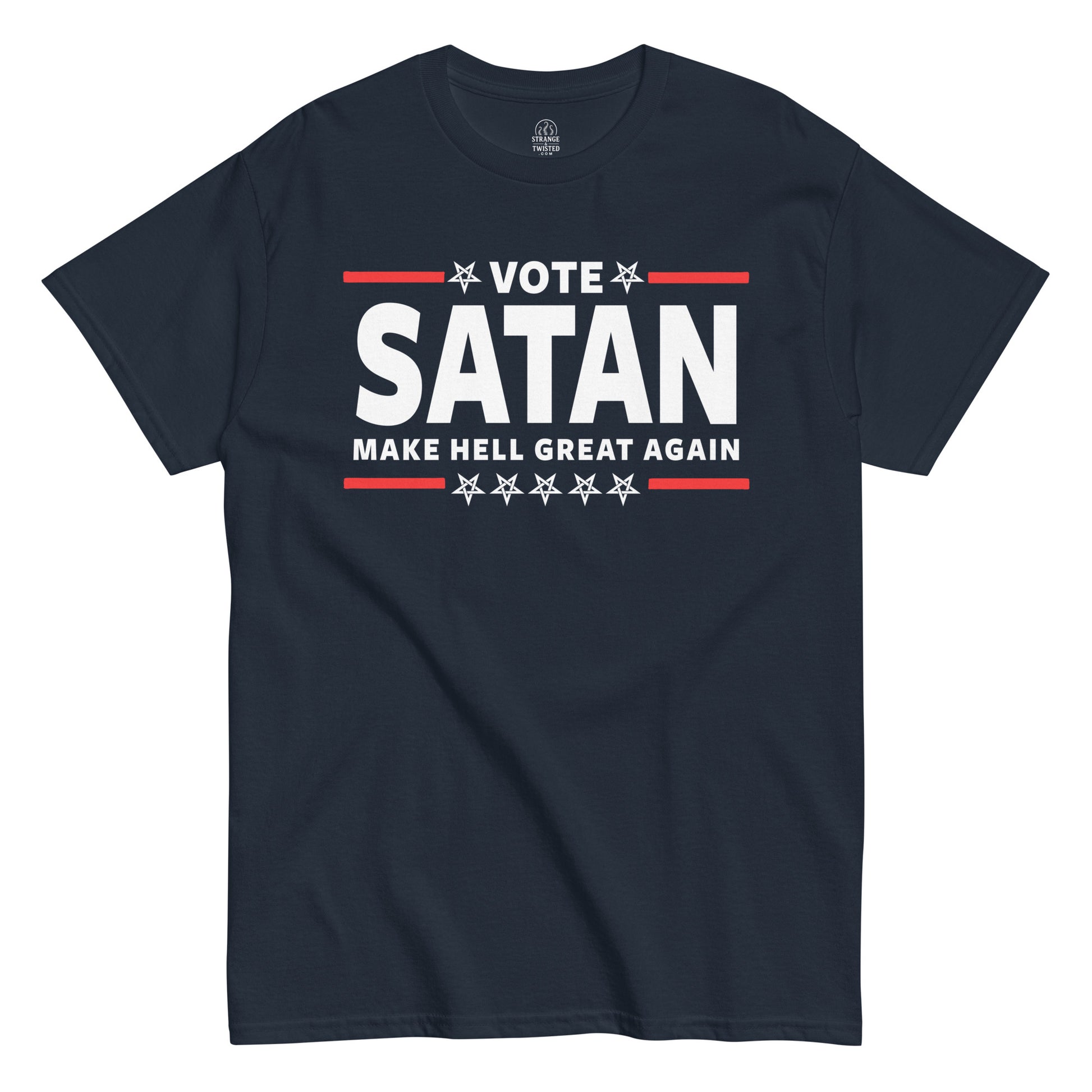 Strange And Twisted navy T-shirt featuring Vote Satan parody design styled like political campaign slogan with gothic humour