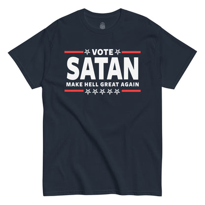 Strange And Twisted navy T-shirt featuring Vote Satan parody design styled like political campaign slogan with gothic humour