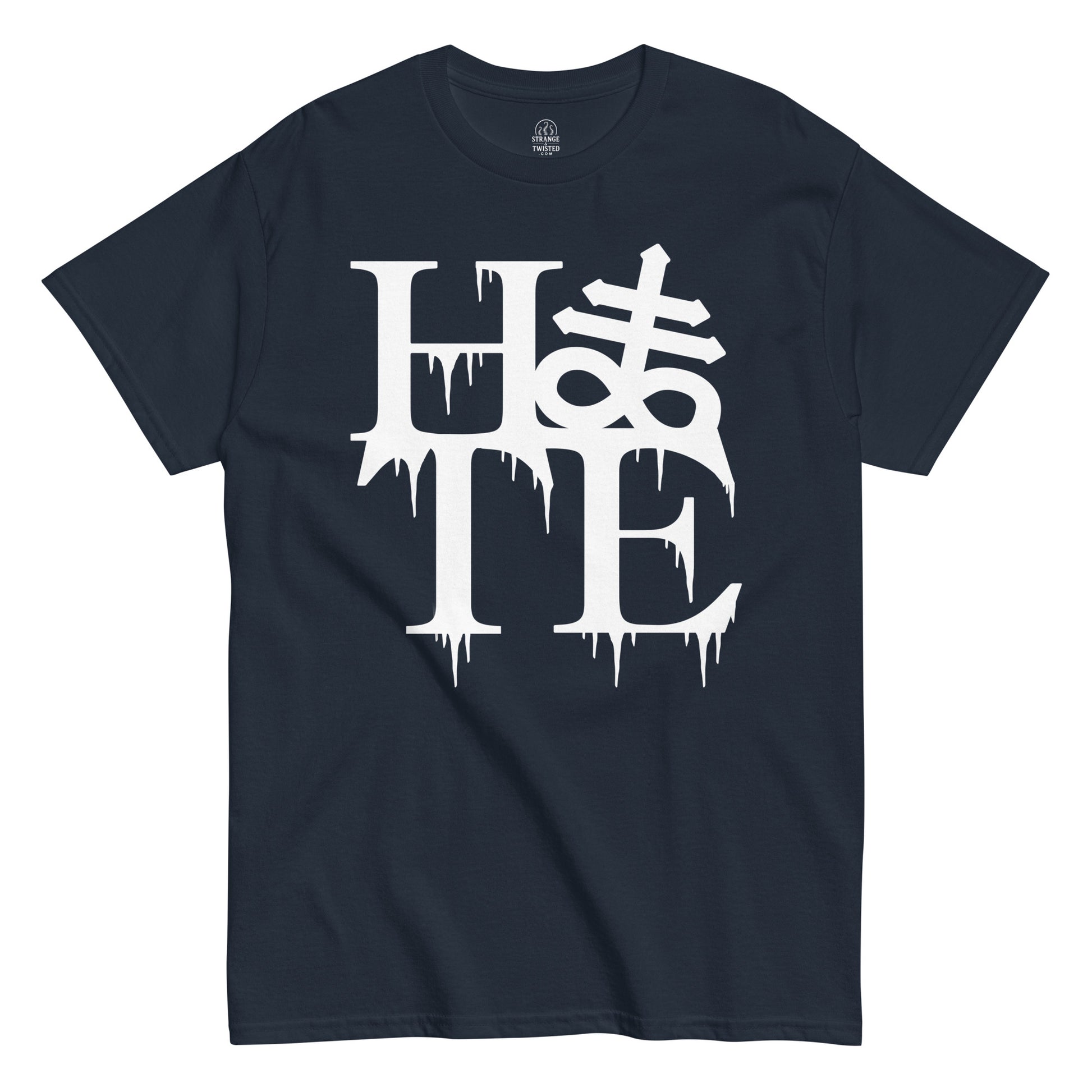 Strange And Twisted navy T-shirt featuring Hate design with occult Leviathan Cross in dripping gothic lettering